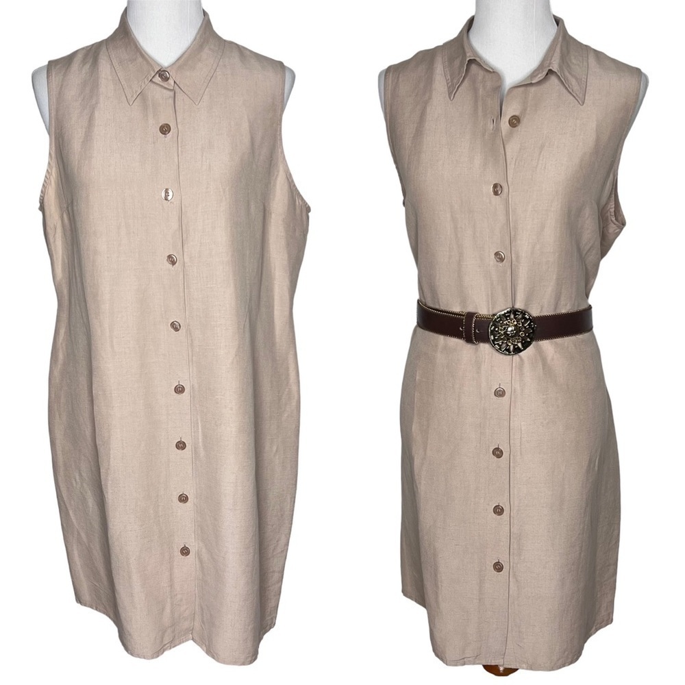Finity Silk Linen Sleeveless Button Down Shift Dress 16 Tan Knee Length Classic